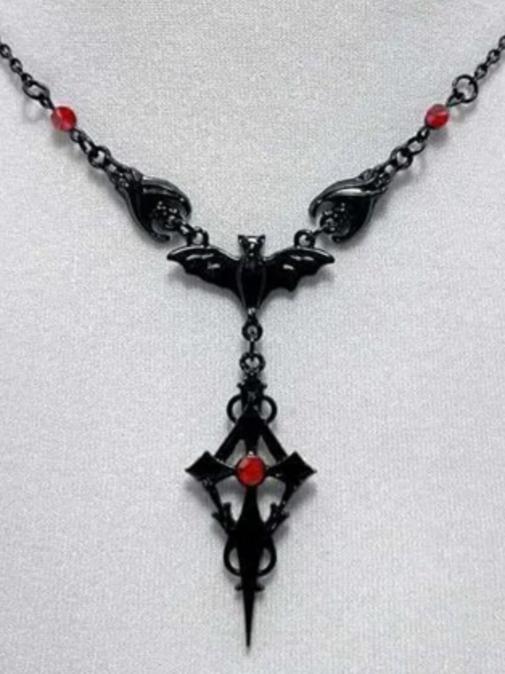 DESIGNER Goth Bat Vampire Black Enamel Cross Red Beads & Red Crystal Necklace